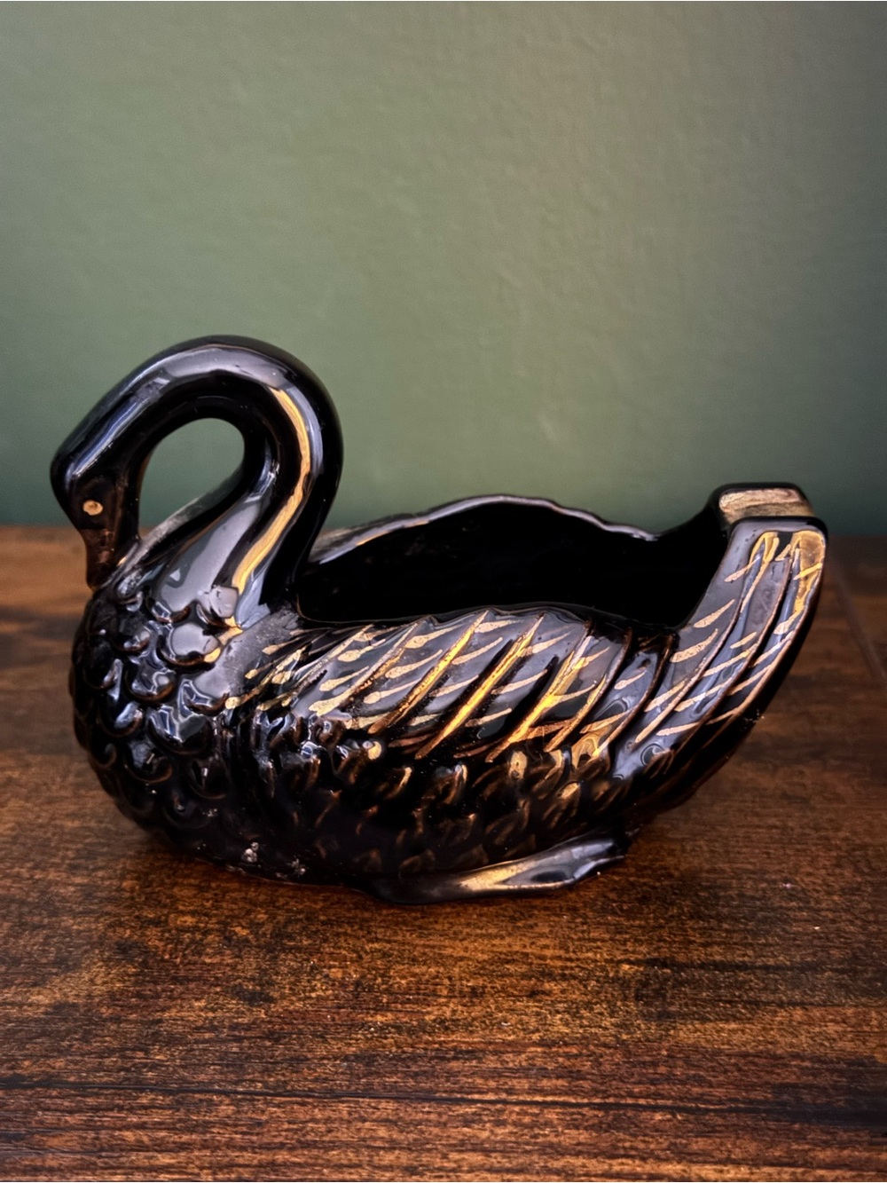 Vintage Mid Century Black Ceramic Swan Planter Ashtray Gold Trim MCM Japan 6.5"